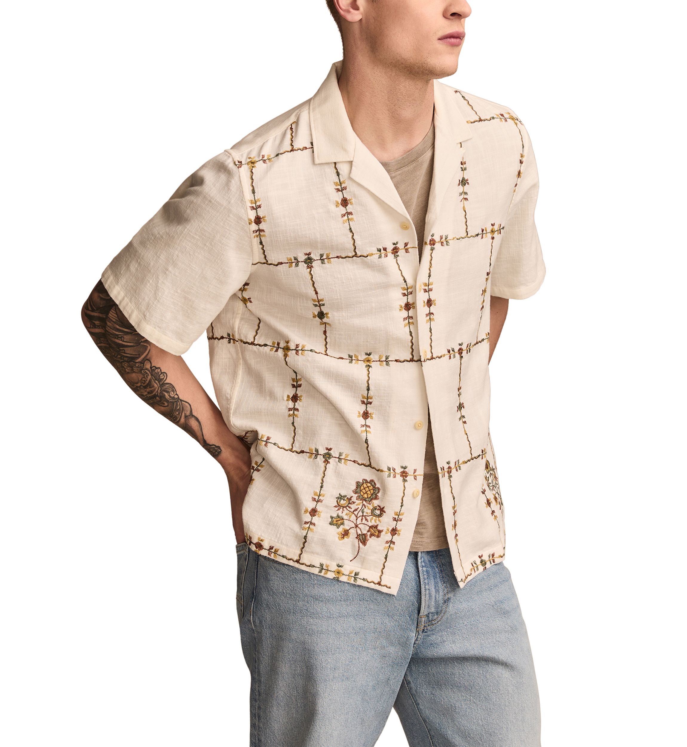 Floral Embroidered Camp Collar Short Sleeve Shirt 