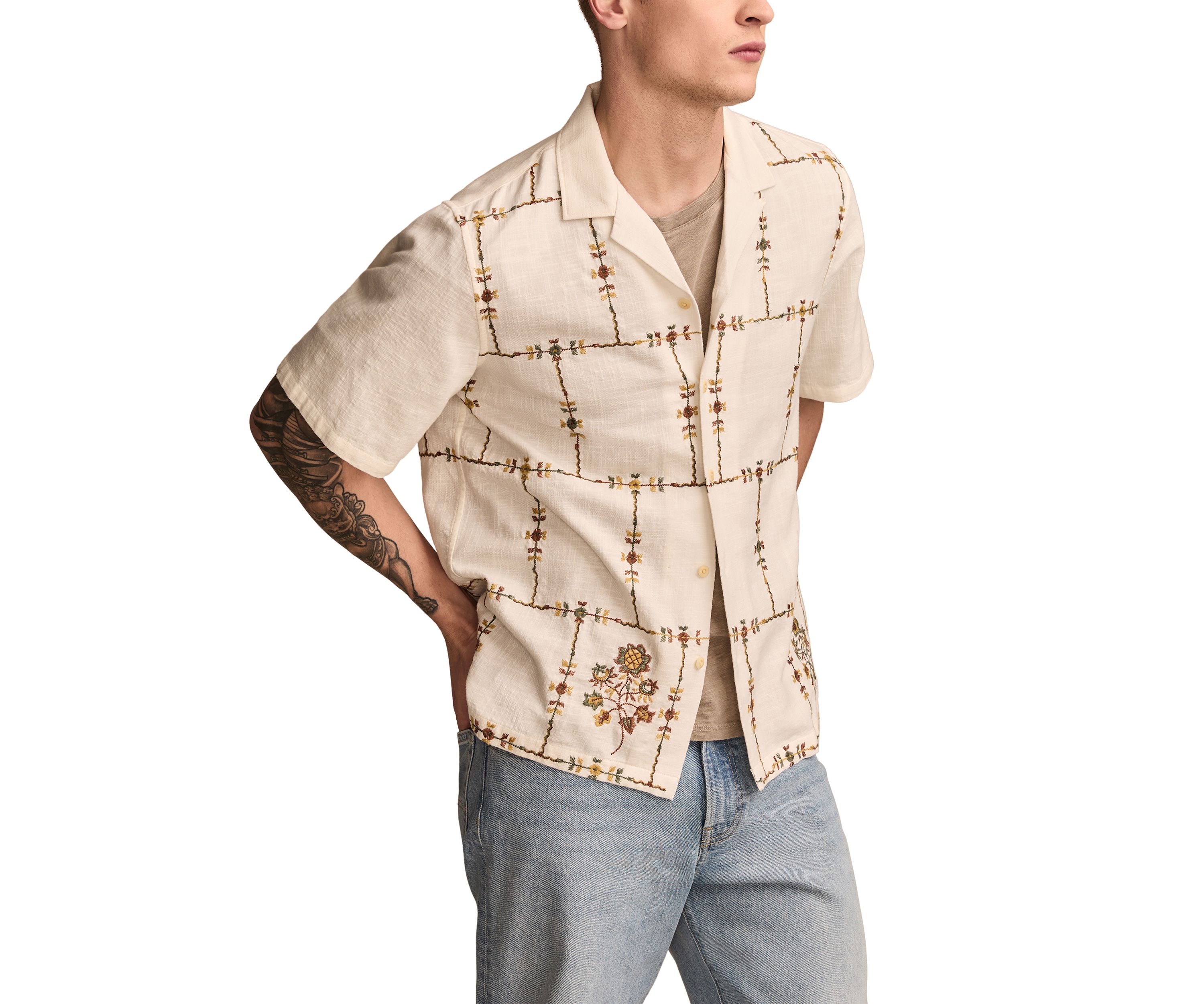 Floral Embroidered Camp Collar Short Sleeve Shirt 