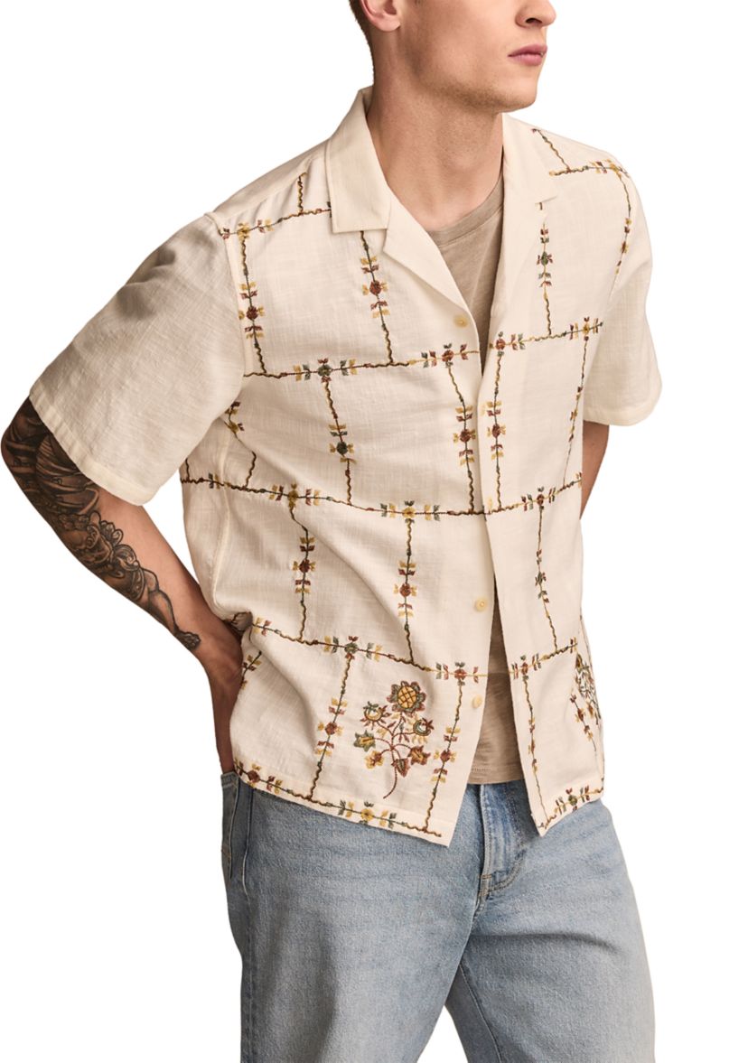 Floral Embroidered Camp Collar Short Sleeve Shirt 