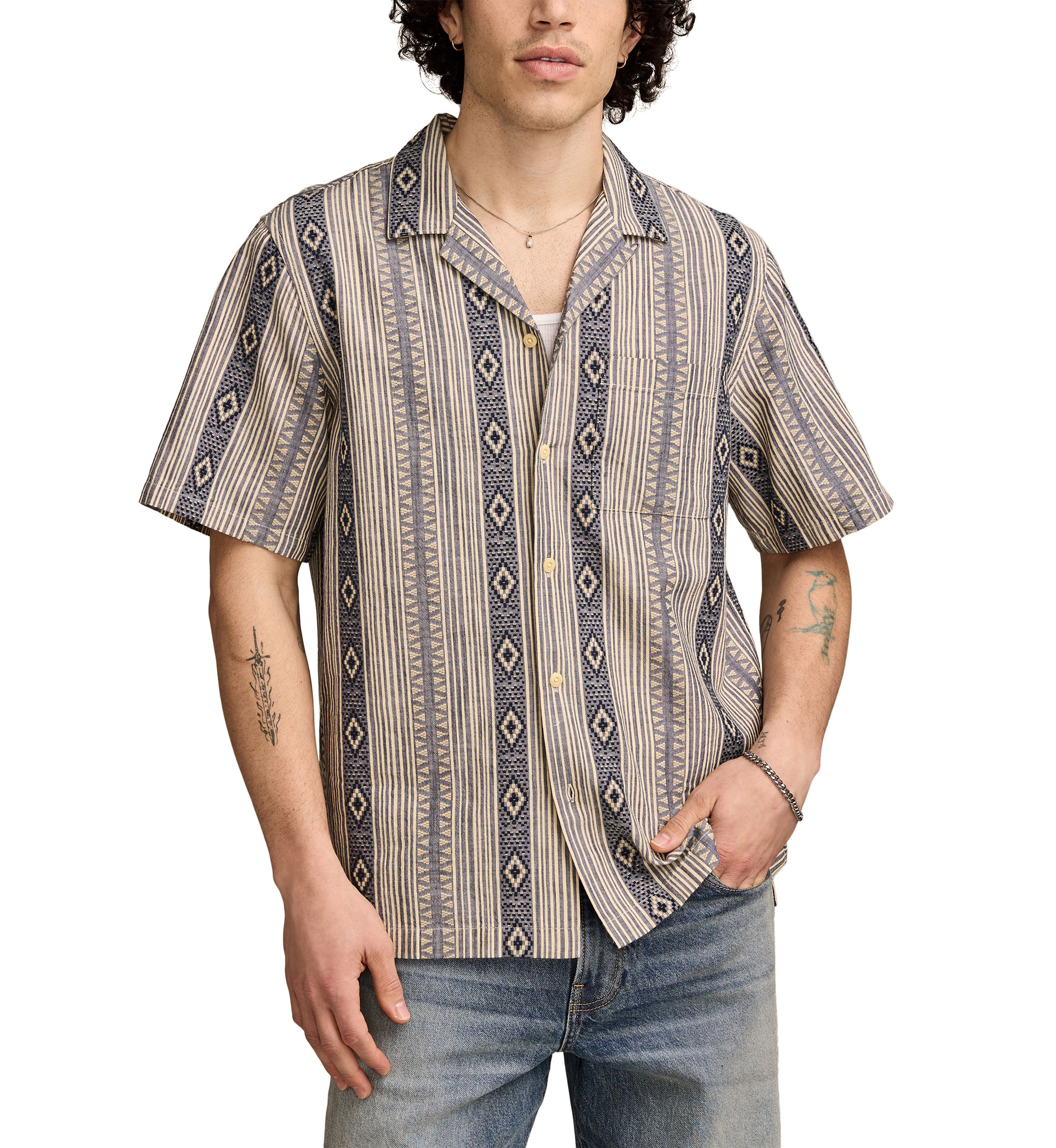 Textured Stripe Camp Collar Short Sleeve Shirt