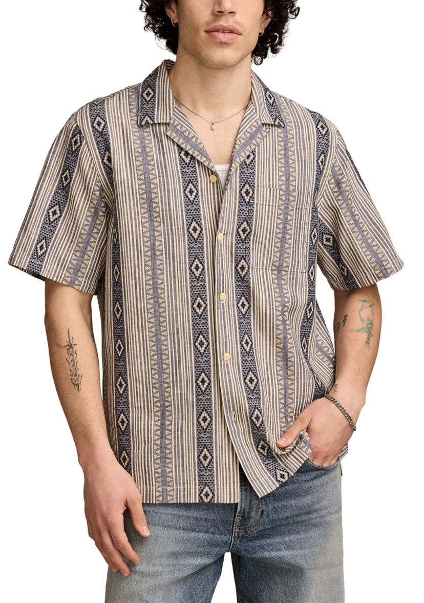 Textured Stripe Camp Collar Short Sleeve Shirt