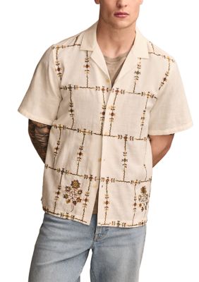Lucky Brand Men's Floral Embroidered Short Sleeve Camp Collar Shirt