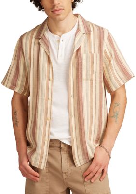 Lucky Brand Men's Linen Dobby Stripe Camp Collar Short Sleeve Shirt