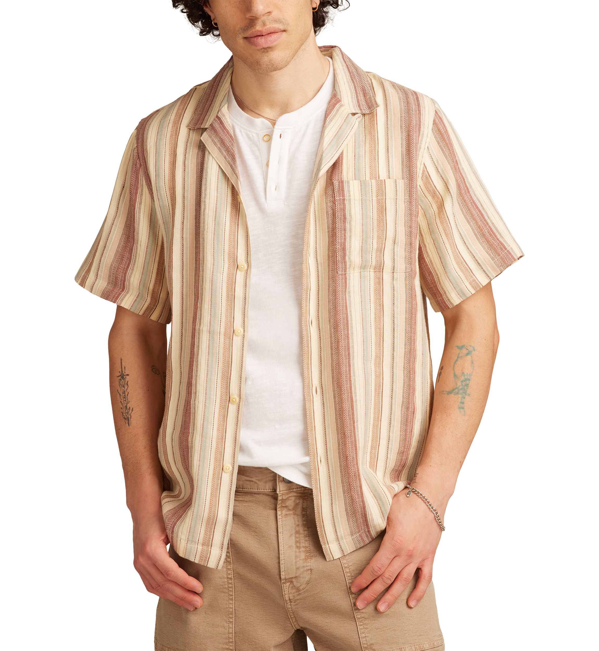  Linen Dobby Stripe Camp Collar Short Sleeve Shirt