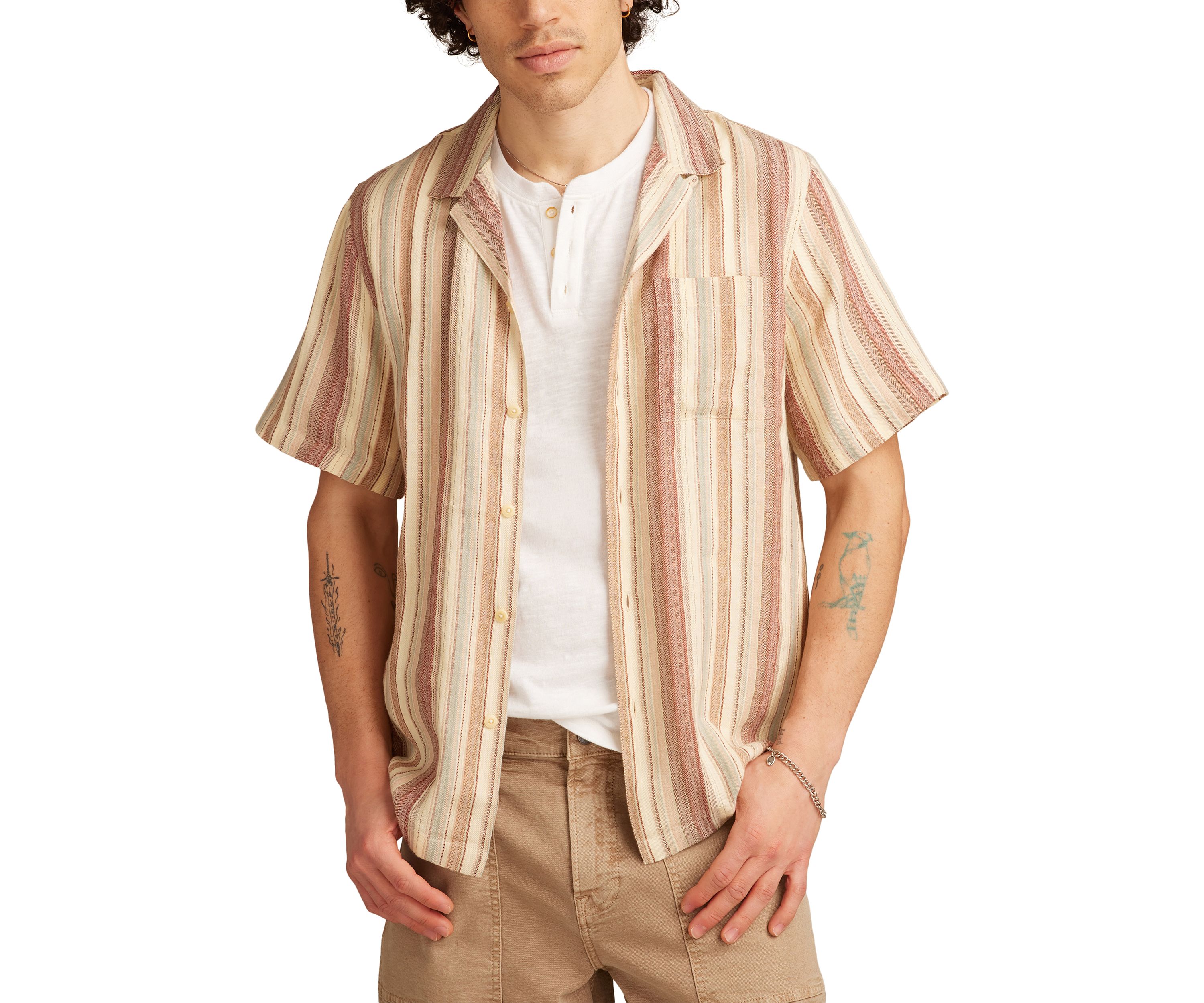  Linen Dobby Stripe Camp Collar Short Sleeve Shirt