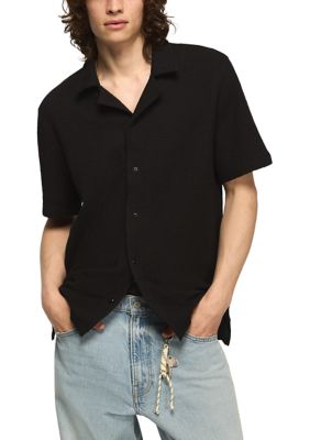 Lucky Brand Men's Short Sleeve Seersucker Button Front Knit Shirt, Black, 2XL