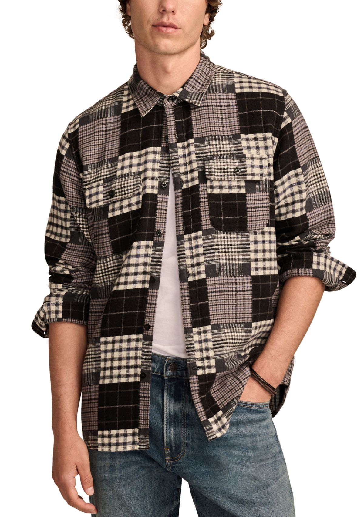 Big & Tall Long Sleeve Jacquard Double Weave Patchwork Shirt