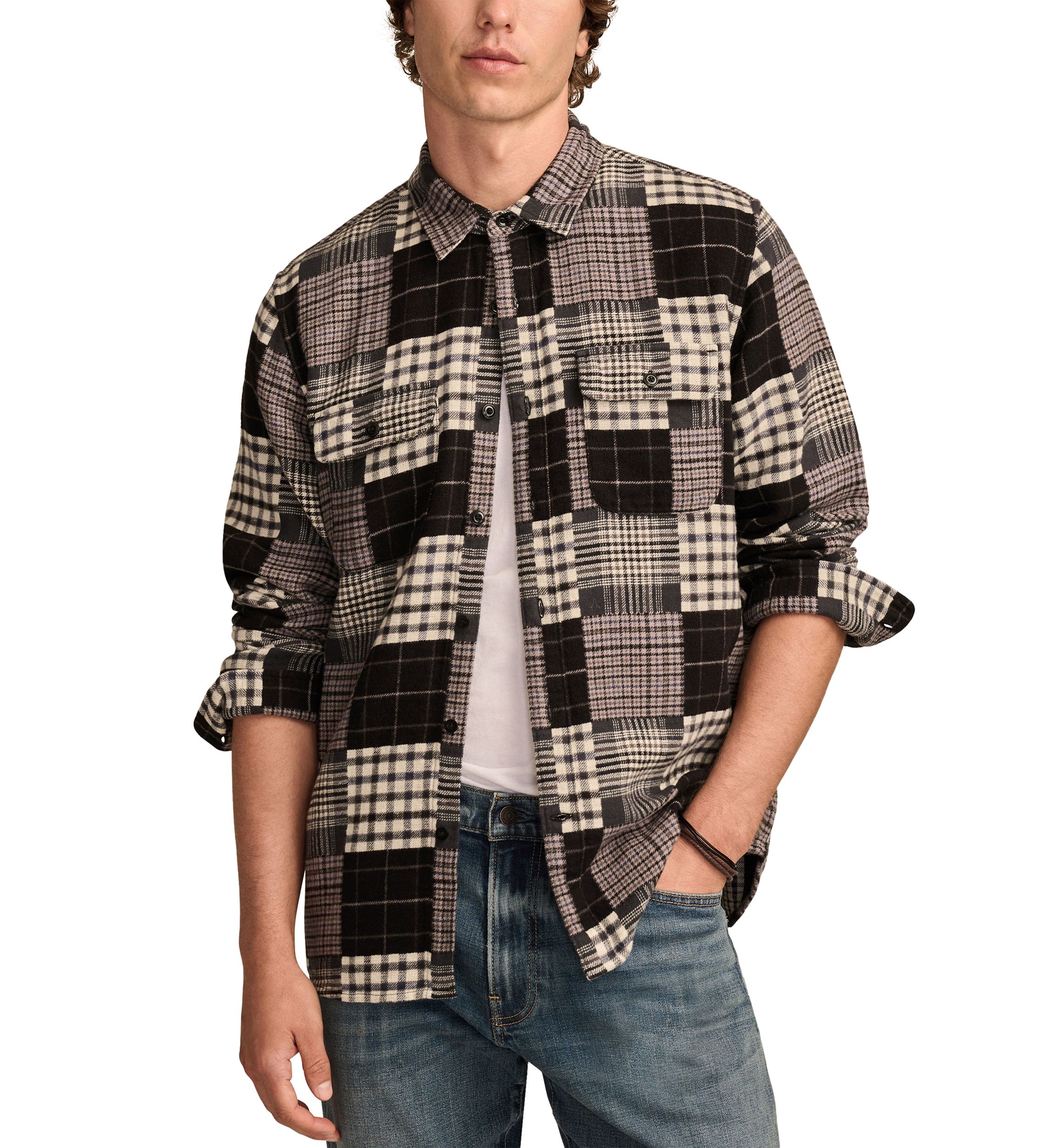Big & Tall Long Sleeve Jacquard Double Weave Patchwork Shirt