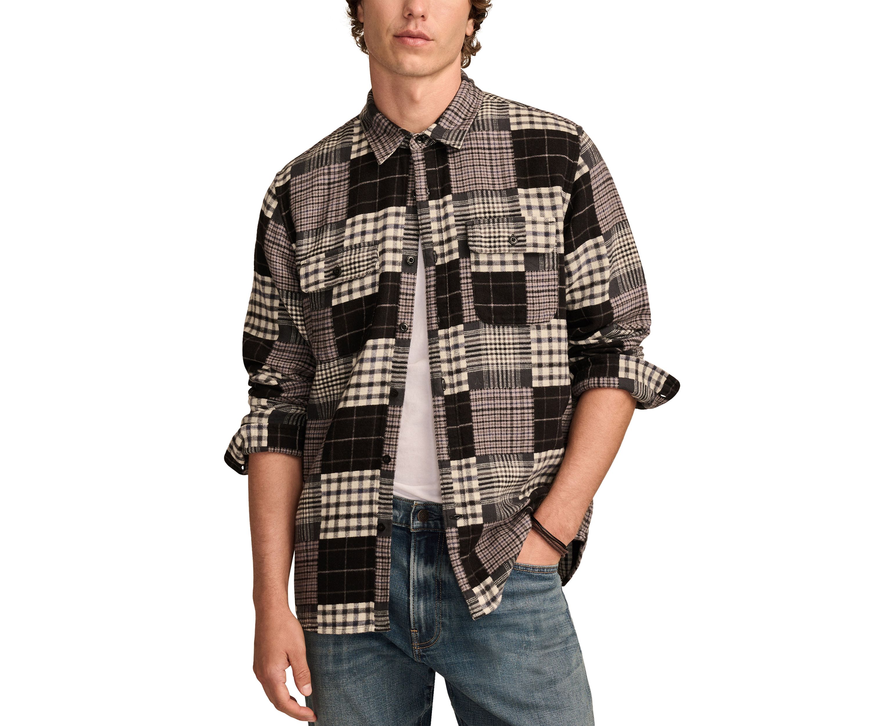 Big & Tall Long Sleeve Jacquard Double Weave Patchwork Shirt