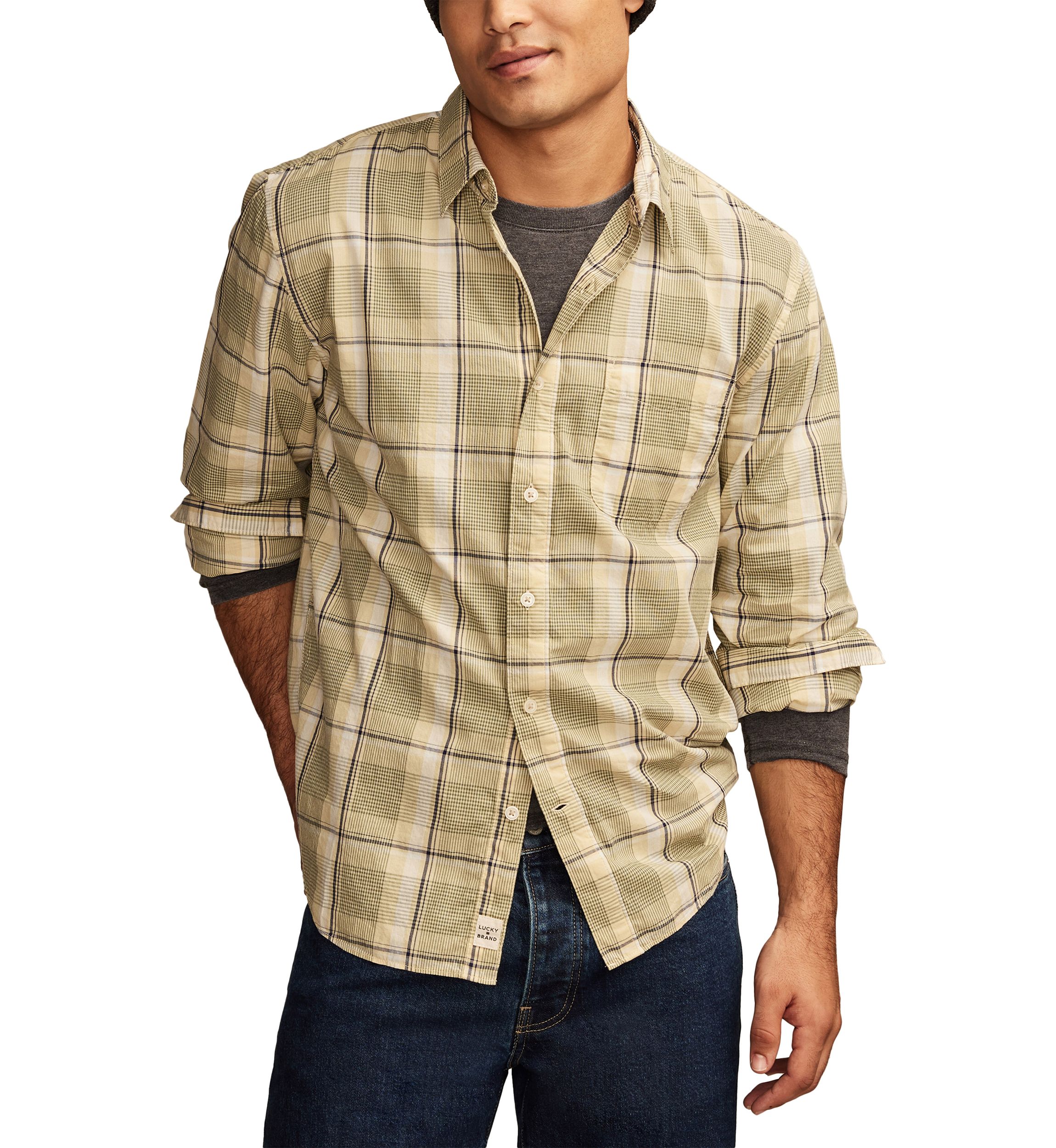 Big & Tall Long Sleeve Plaid One Pocket Poplin Shirt