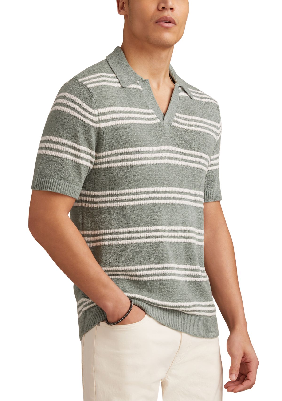 Short Sleeve Striped Johnny Collar Polo Shirt 