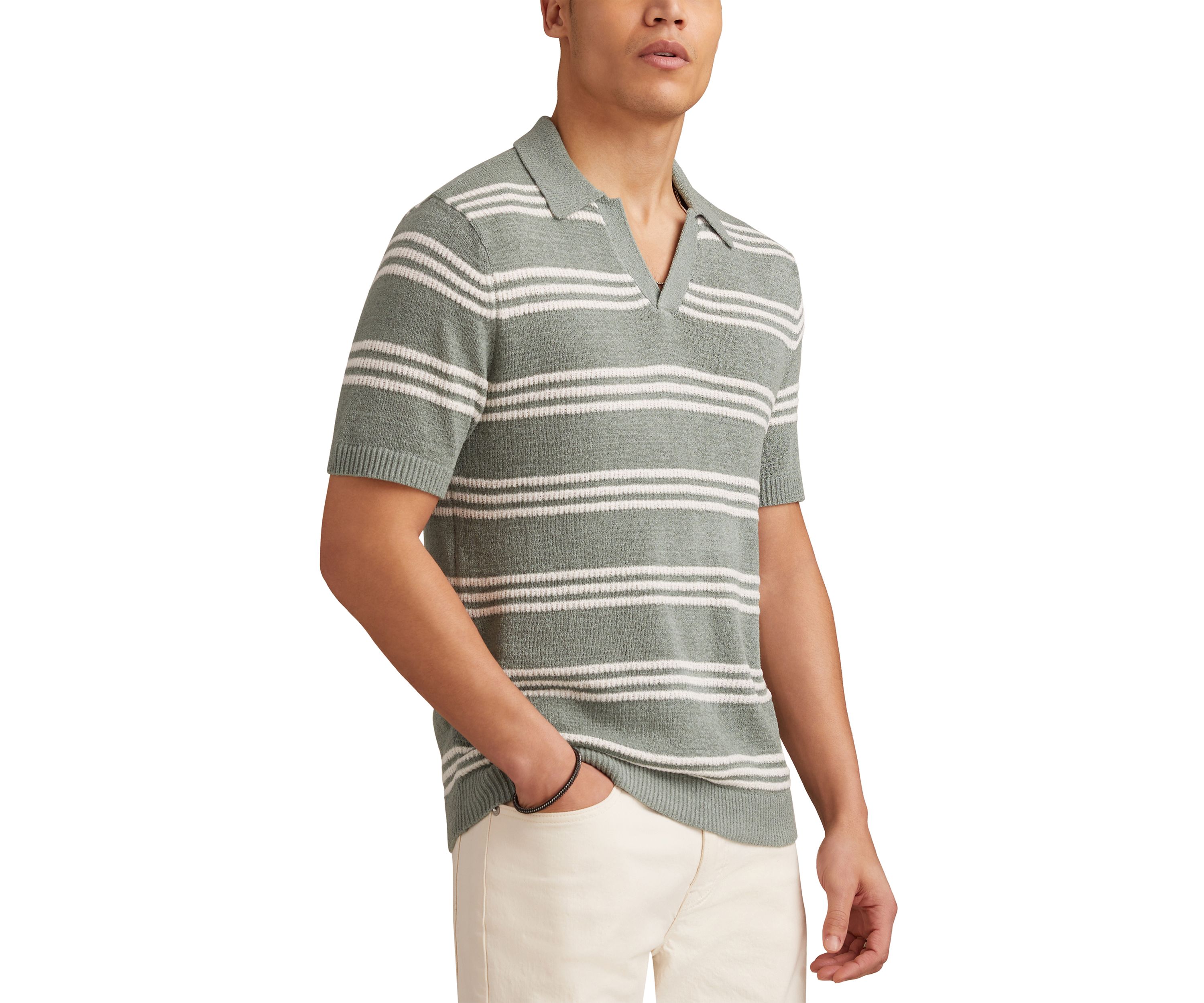 Short Sleeve Striped Johnny Collar Polo Shirt 