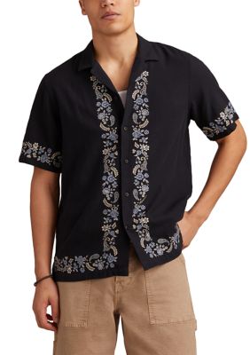 Lucky Brand Men's Border Embroidered Short Sleeve Camp Collar Shirt