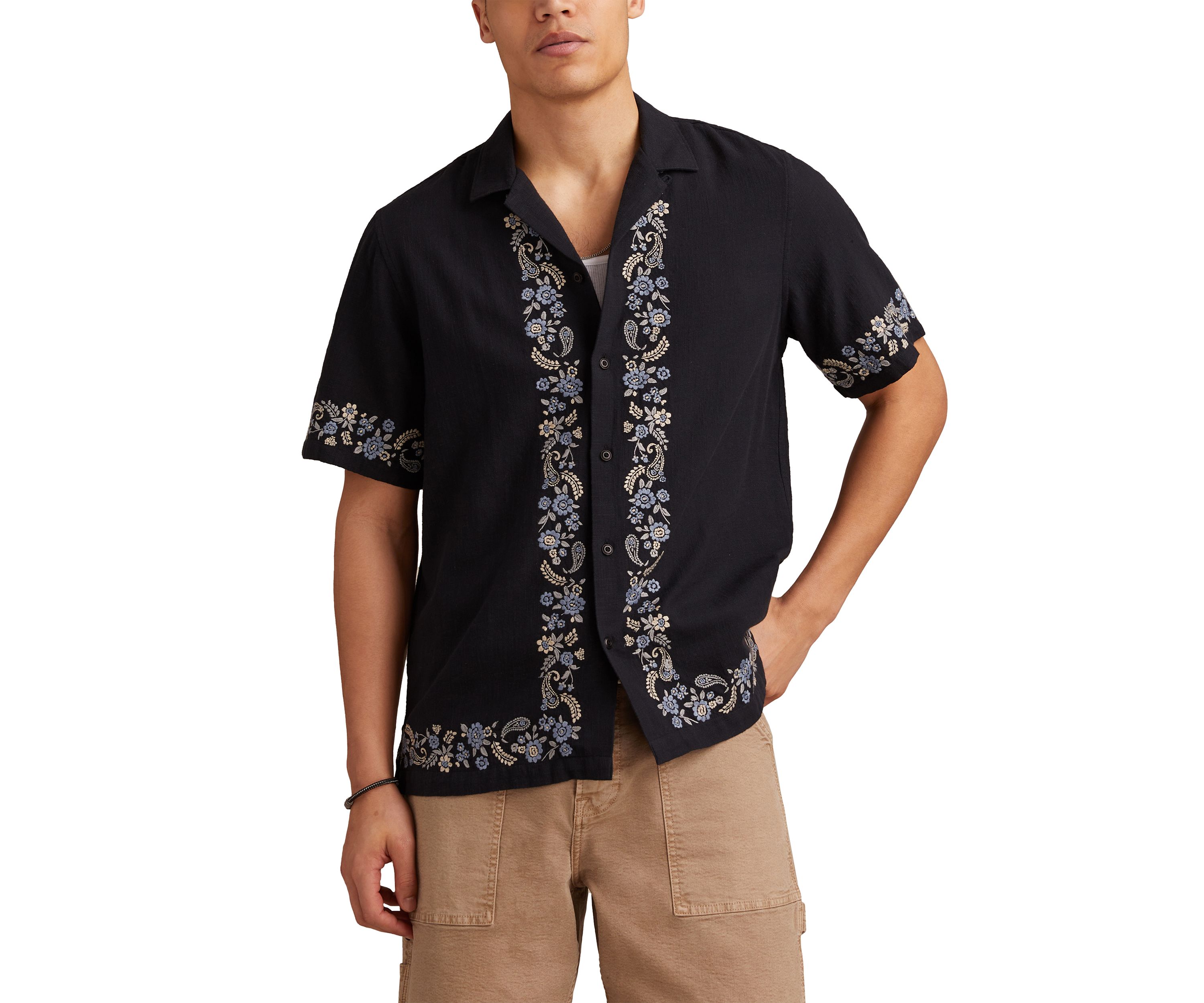 Border Embroidered Short Sleeve Camp Collar Shirt