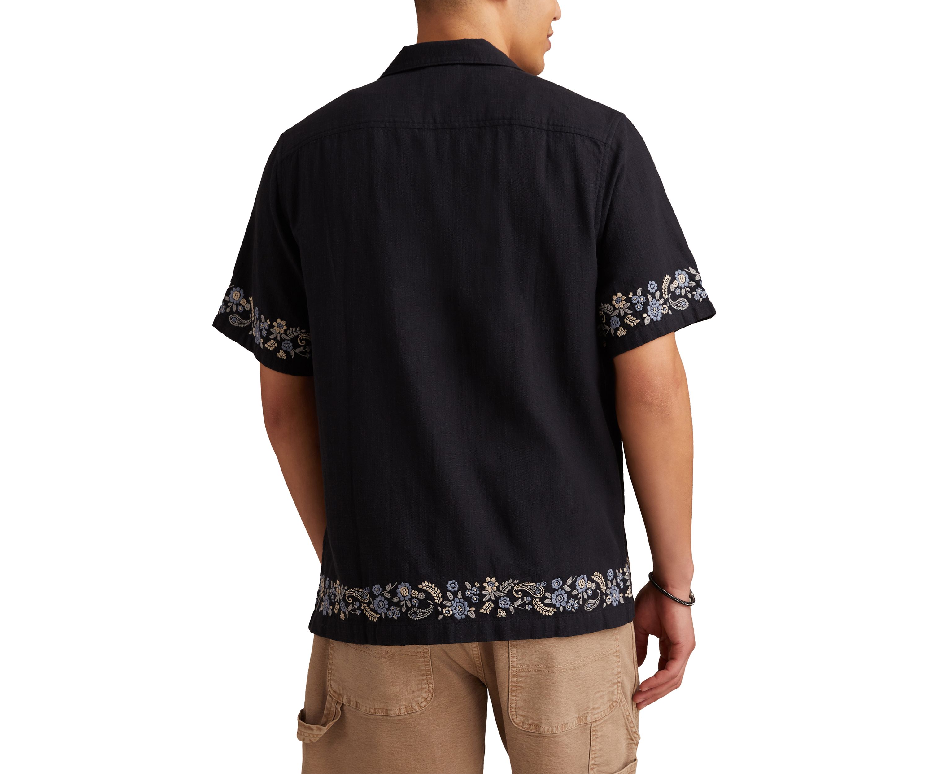 Border Embroidered Short Sleeve Camp Collar Shirt