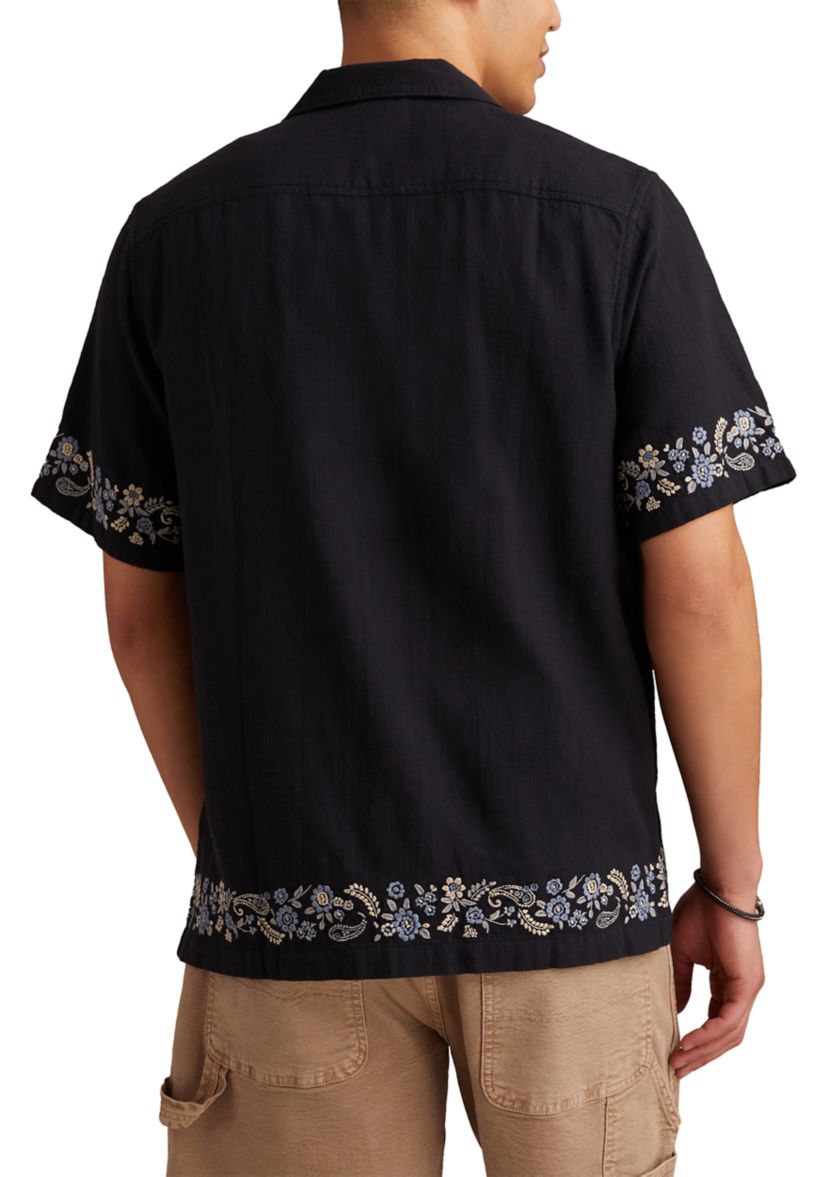 Border Embroidered Short Sleeve Camp Collar Shirt