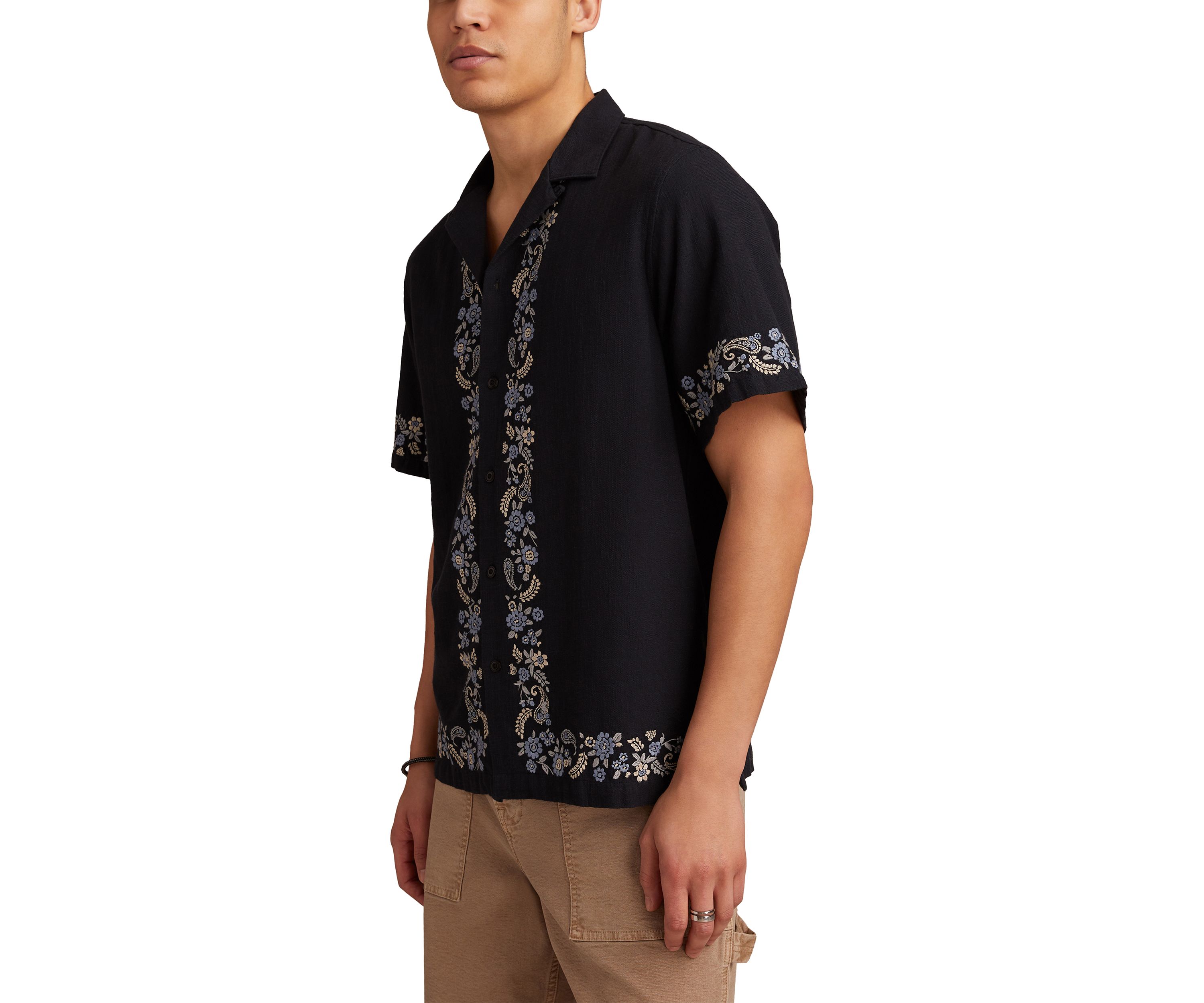 Border Embroidered Short Sleeve Camp Collar Shirt