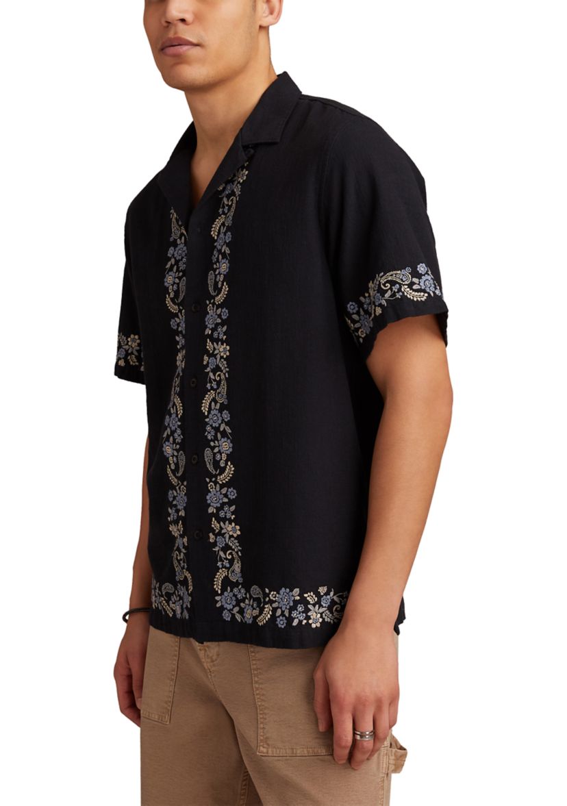 Border Embroidered Short Sleeve Camp Collar Shirt