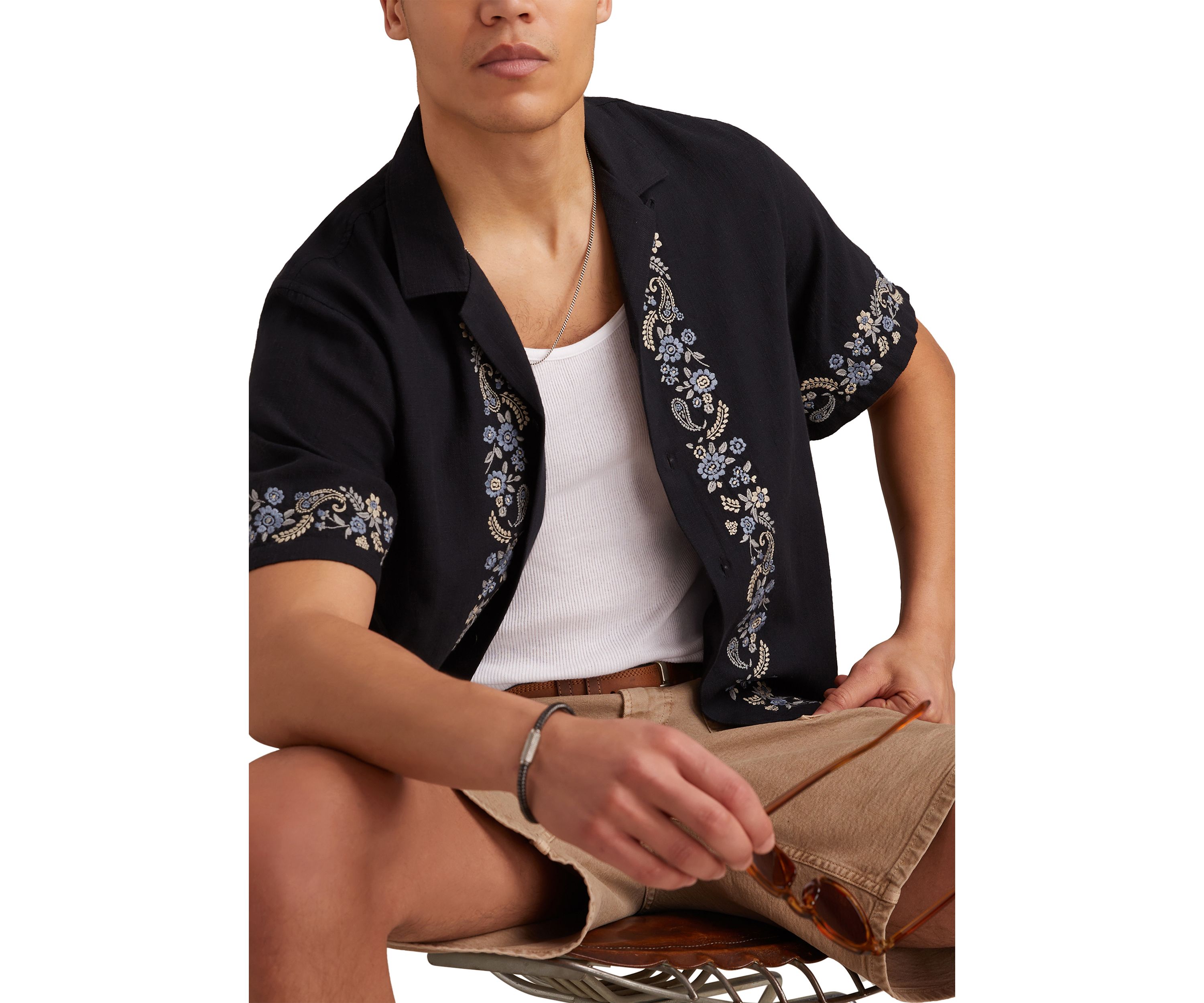 Border Embroidered Short Sleeve Camp Collar Shirt