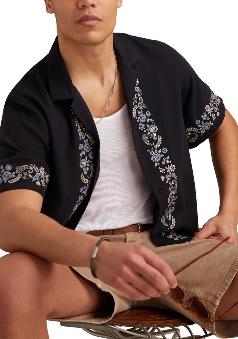 Border Embroidered Short Sleeve Camp Collar Shirt