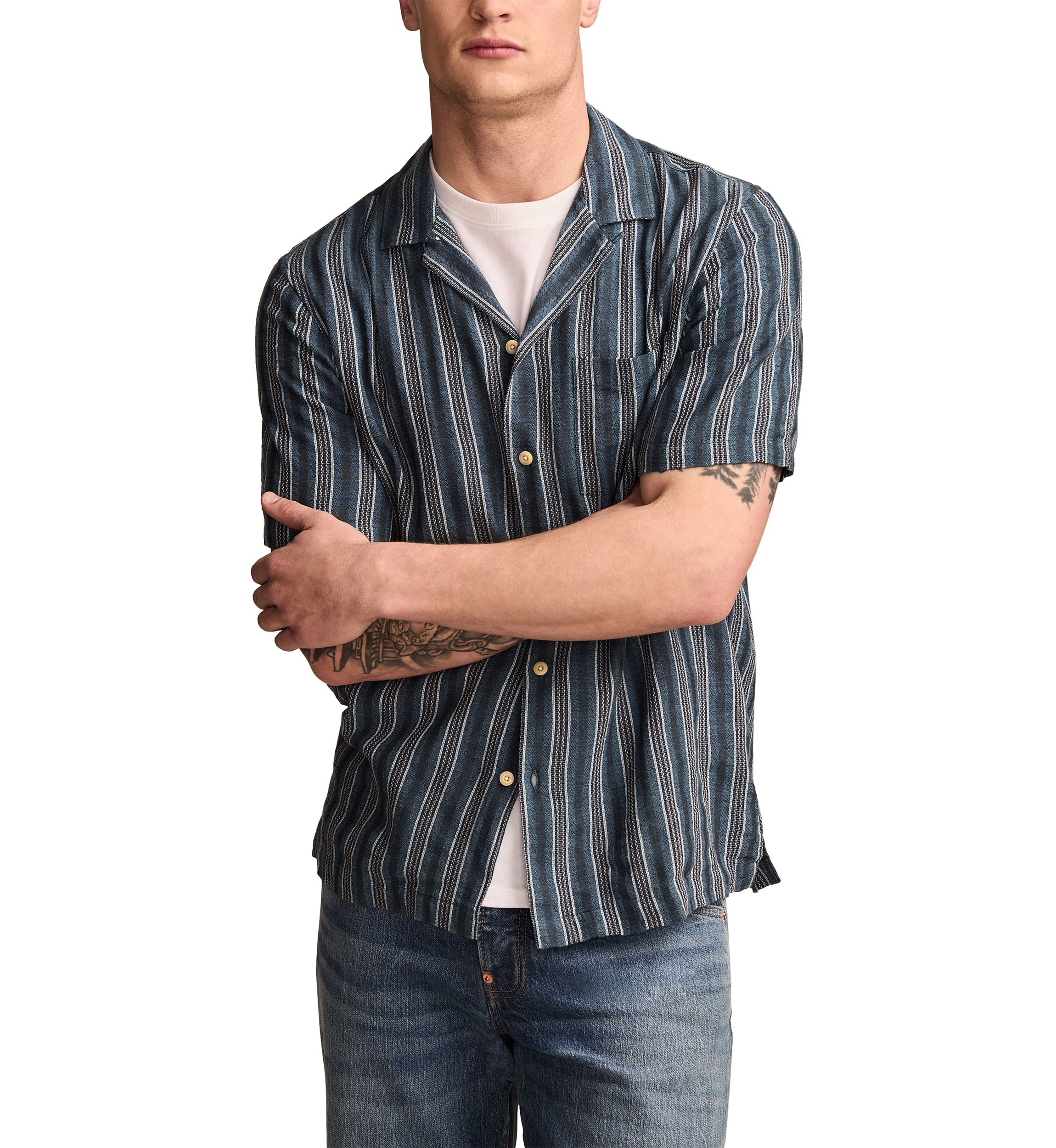 Big & Tall Short Sleeve Textured Stripe Camp Collar Shirt