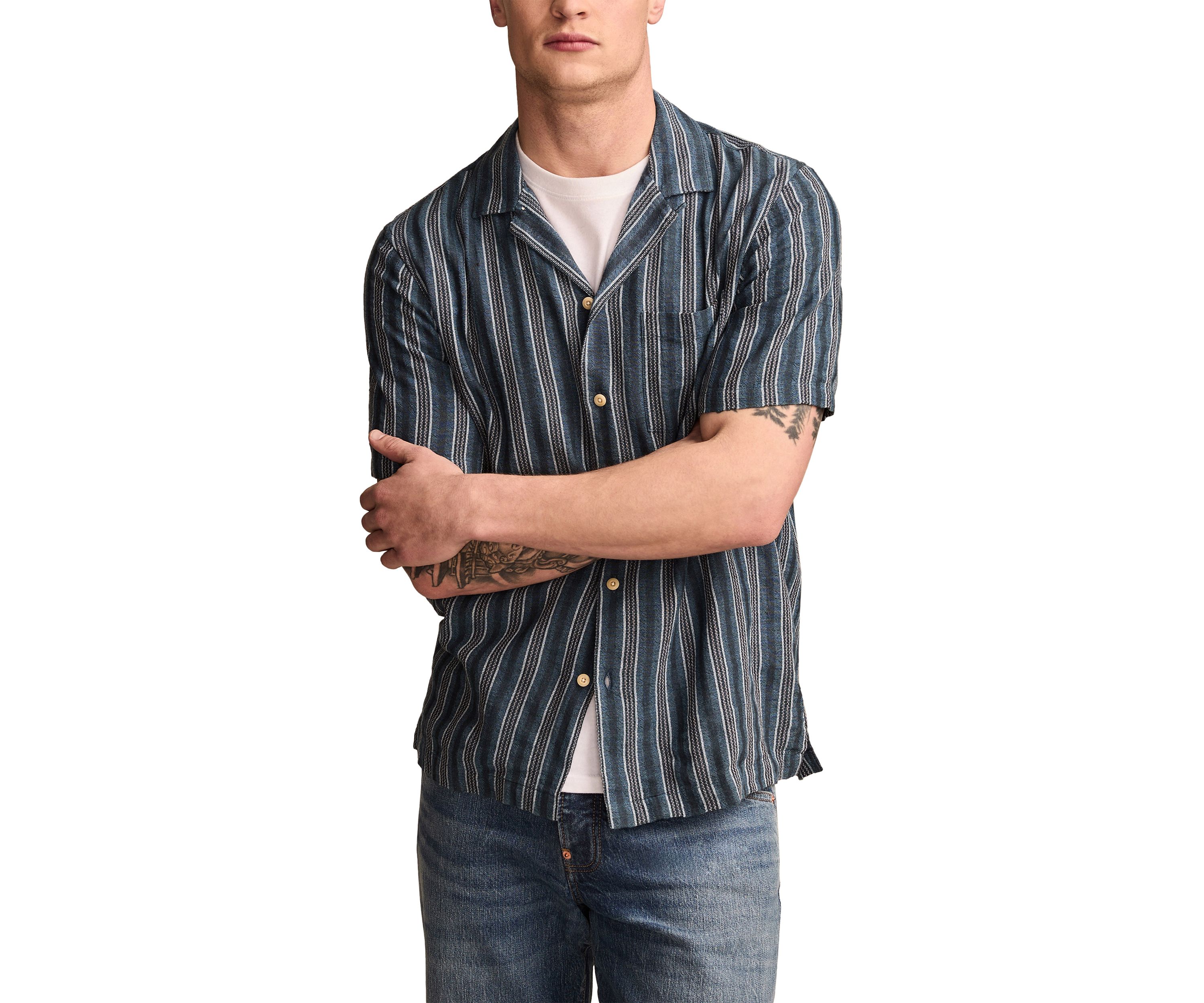 Big & Tall Short Sleeve Textured Stripe Camp Collar Shirt