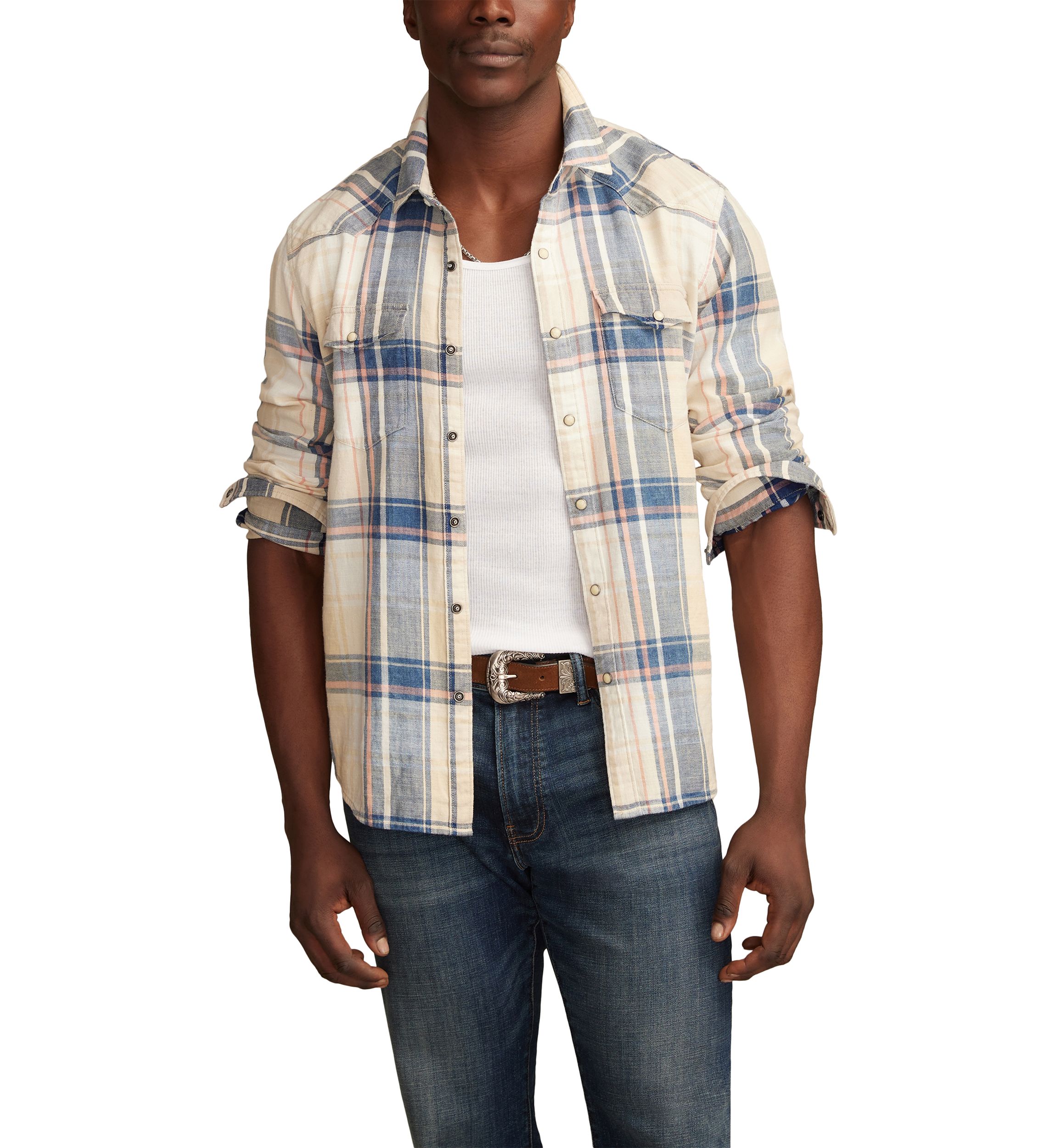 Long Sleeve Indigo Plaid Western Shirt 