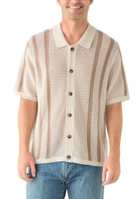 Lucky Brand Men's Border Stripe Button Down Short Sleeve Sweater