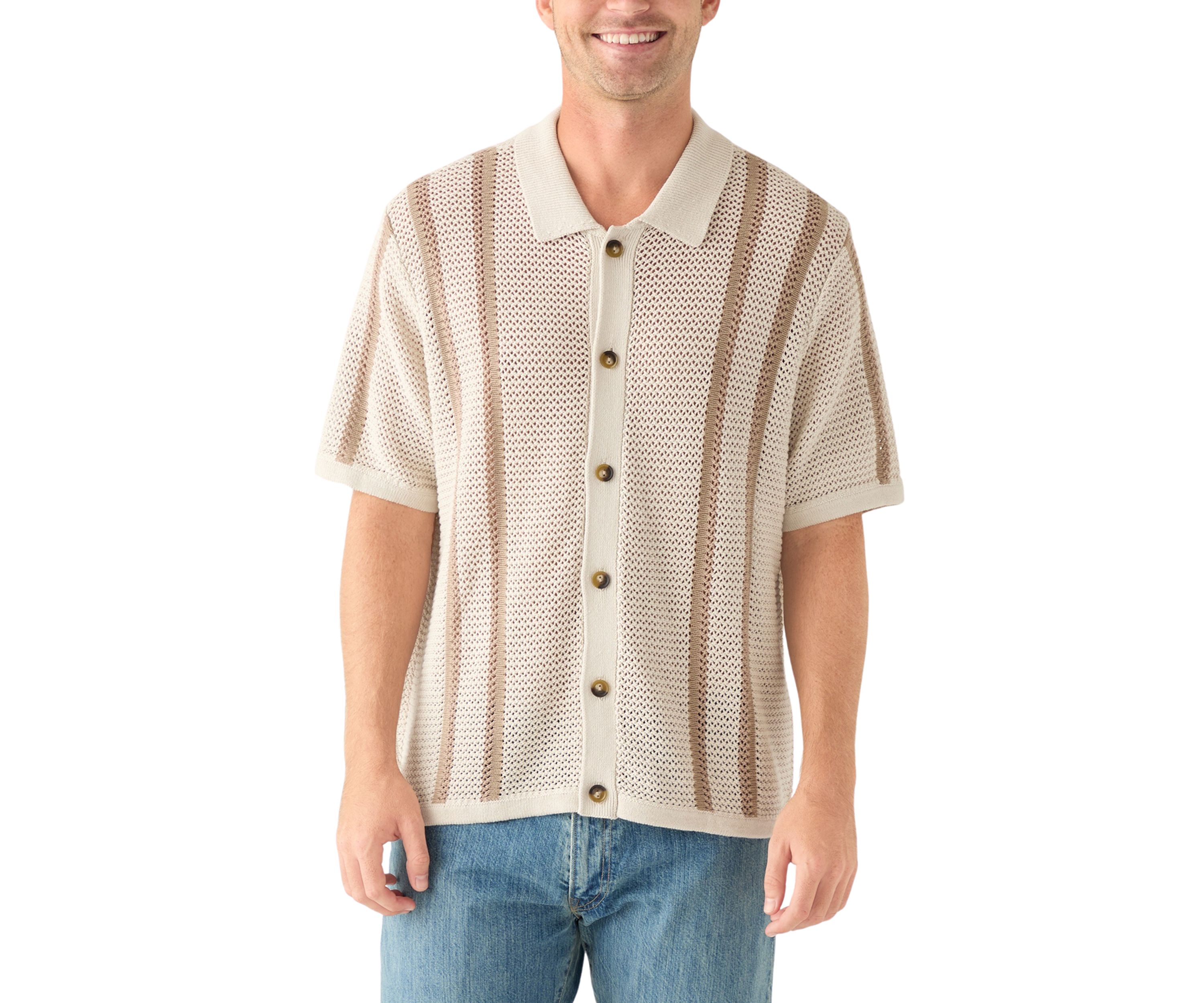 Mens Border Stripe Button Down Short Sleeve Sweater
