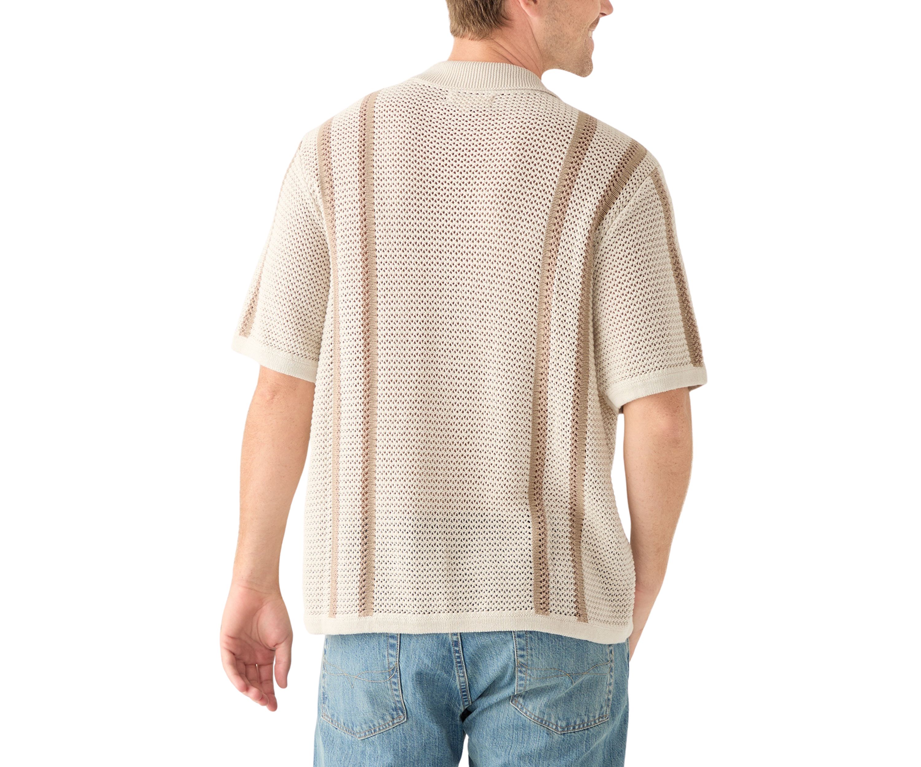 Mens Border Stripe Button Down Short Sleeve Sweater