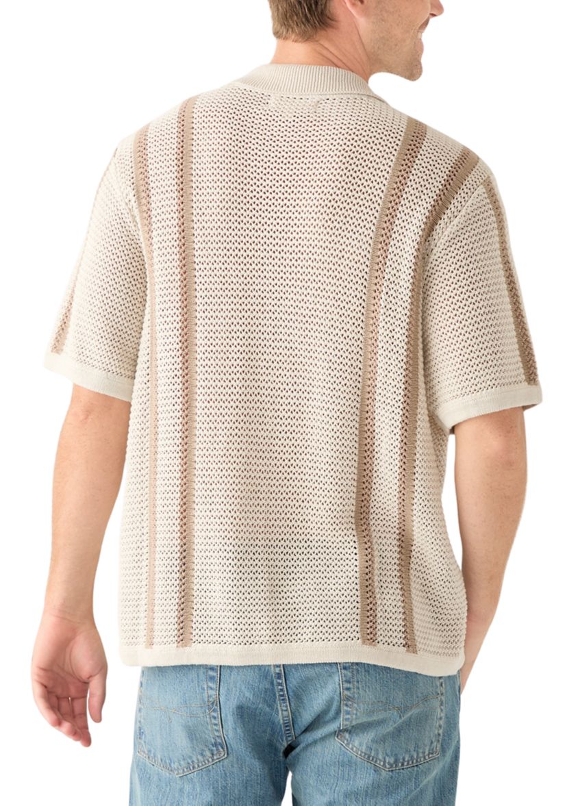 Mens Border Stripe Button Down Short Sleeve Sweater