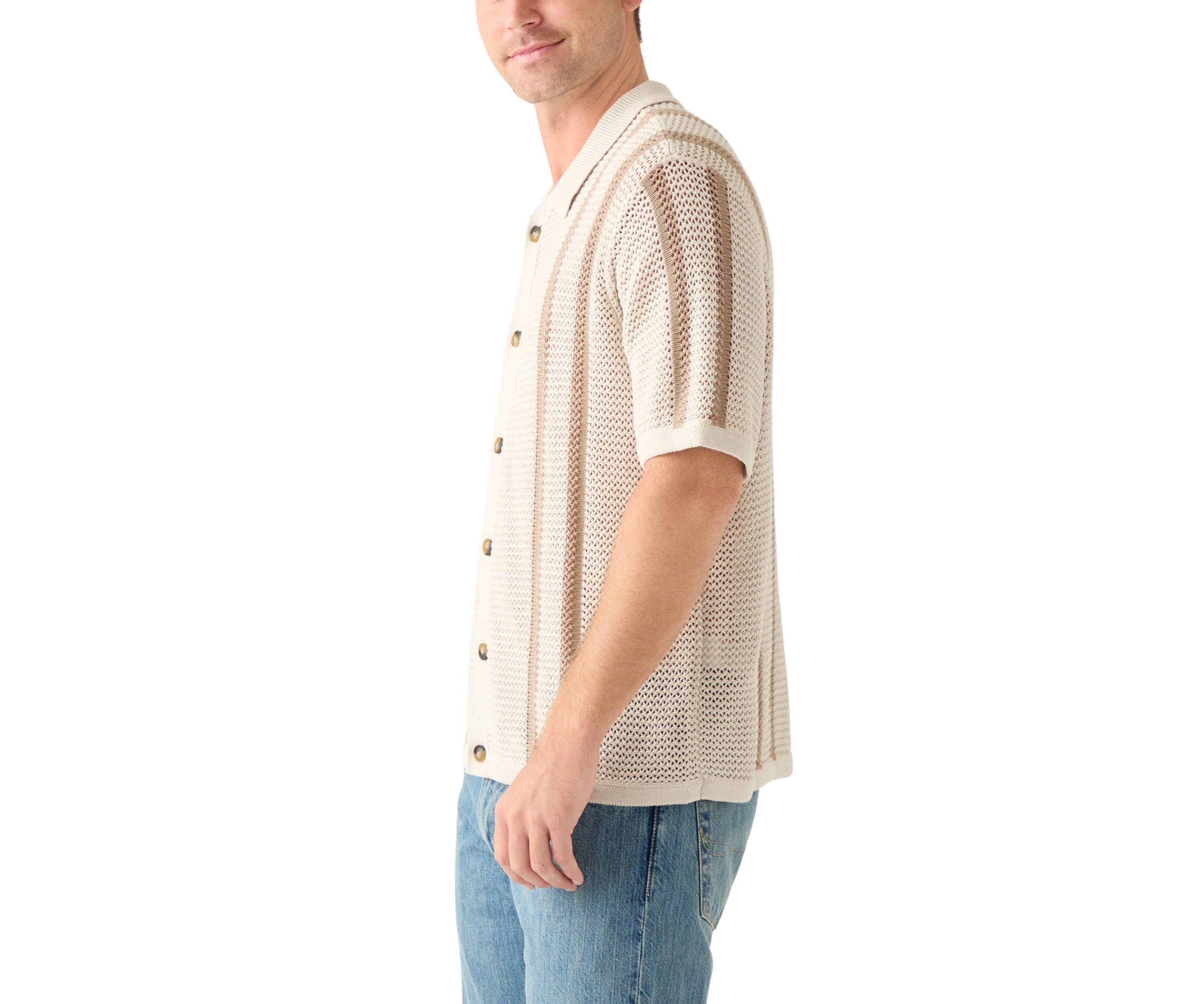 Mens Border Stripe Button Down Short Sleeve Sweater