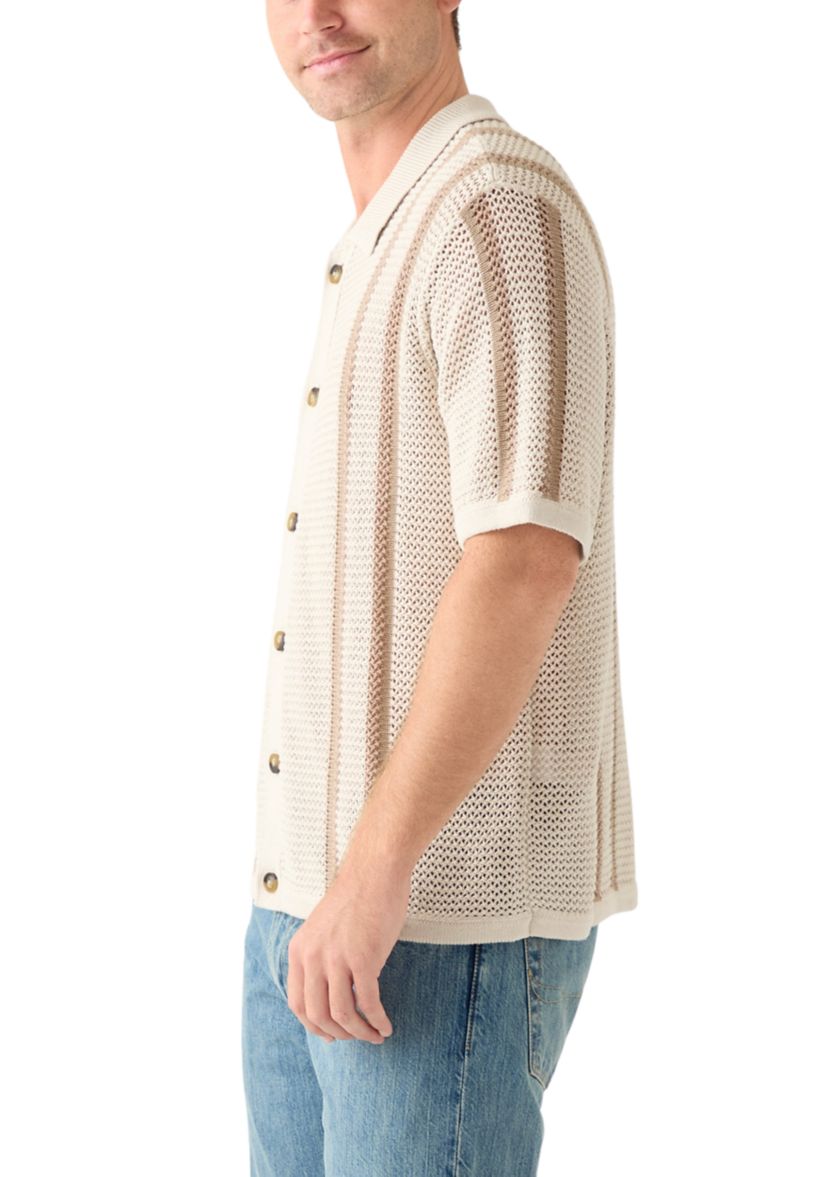 Mens Border Stripe Button Down Short Sleeve Sweater