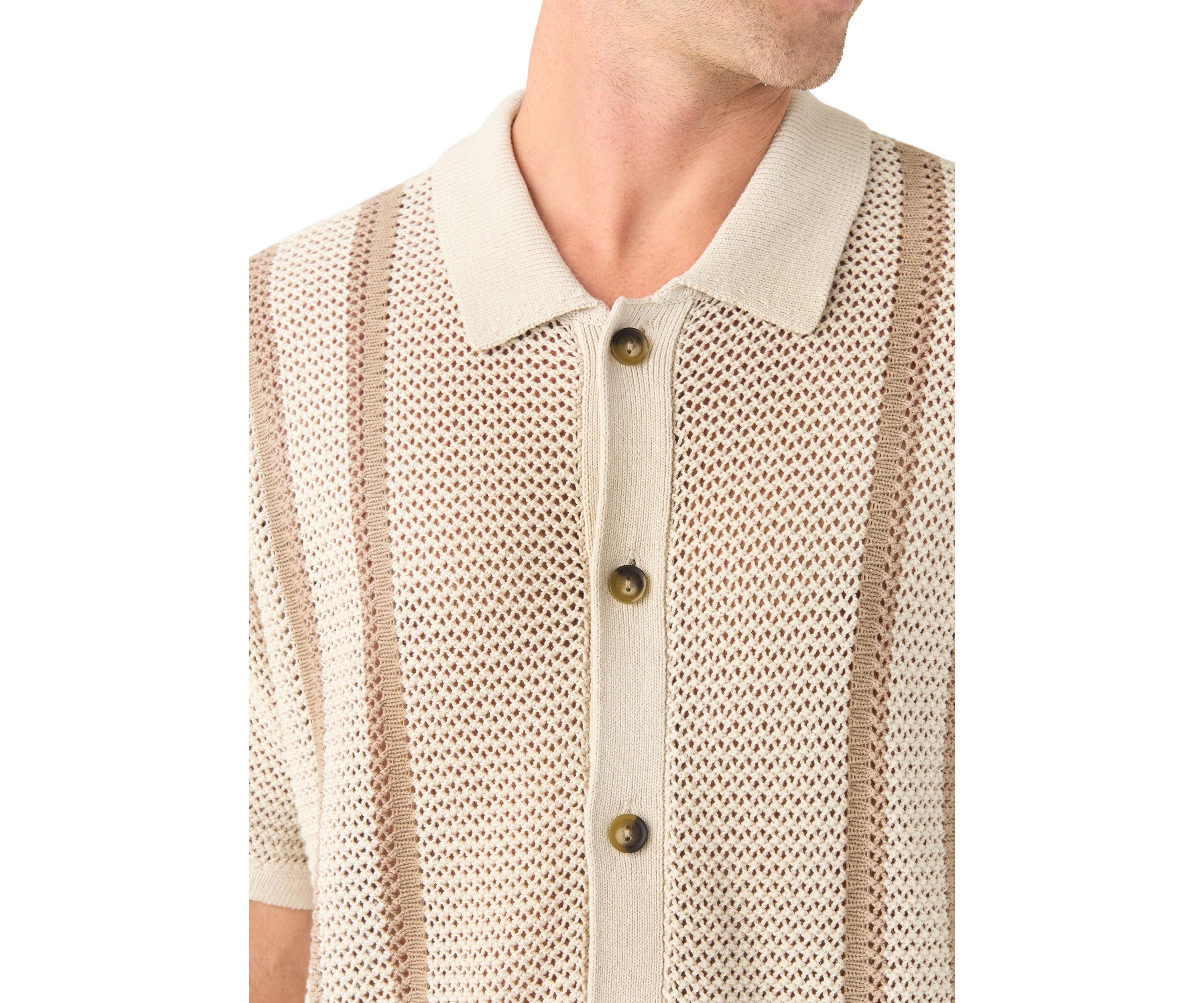 Mens Border Stripe Button Down Short Sleeve Sweater
