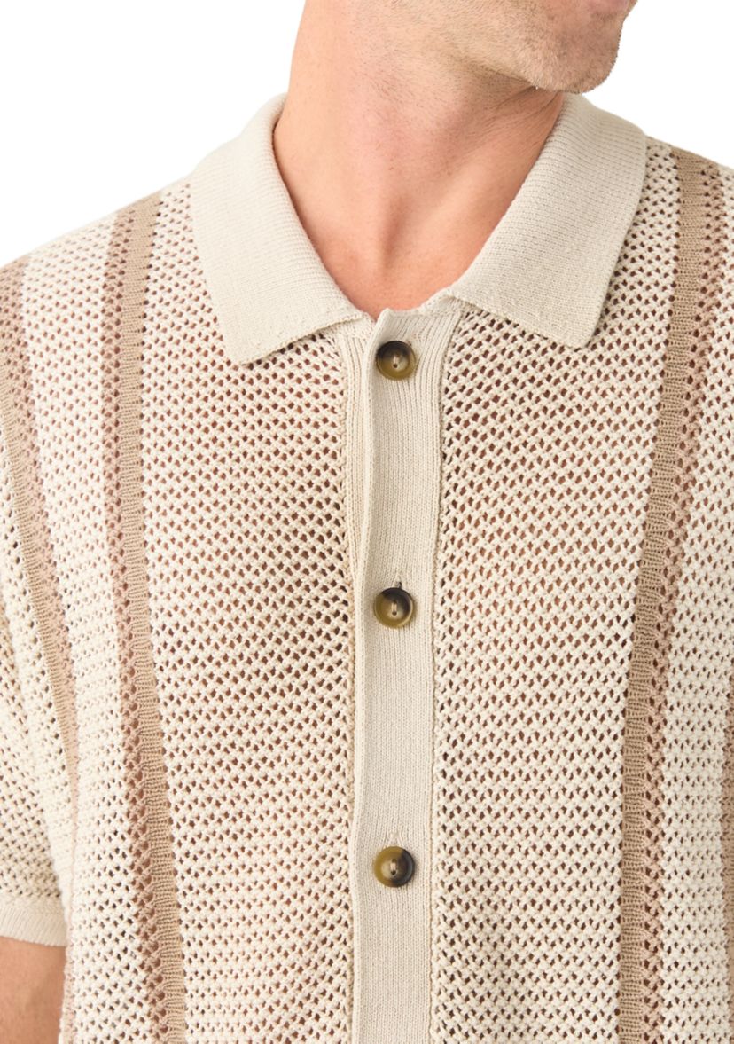 Mens Border Stripe Button Down Short Sleeve Sweater