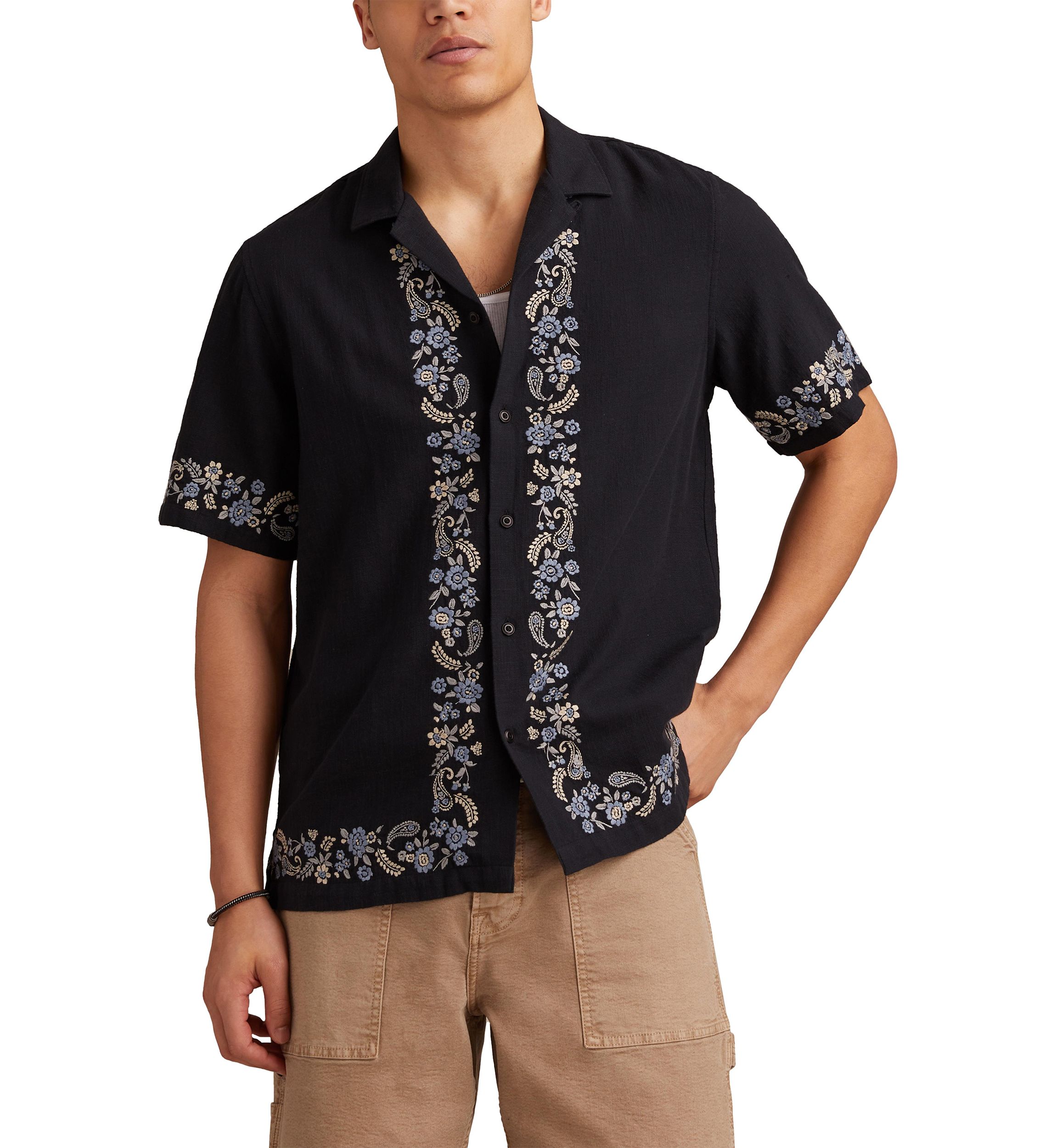 Big & Tall Short Sleeve Border Embroidered Camp Shirt 