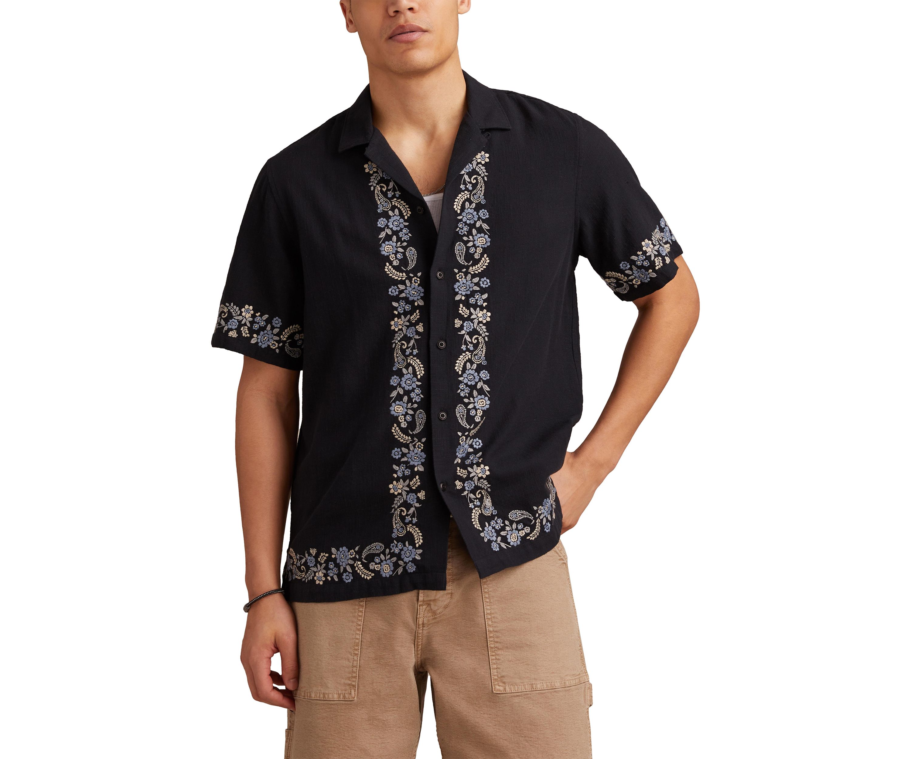 Big & Tall Short Sleeve Border Embroidered Camp Shirt 