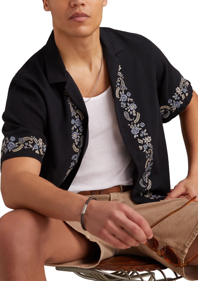 Big & Tall Short Sleeve Border Embroidered Camp Shirt 