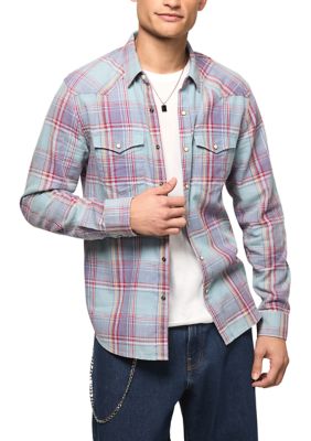 Lucky Brand Men's Acid Wash Western Plaid Shirt