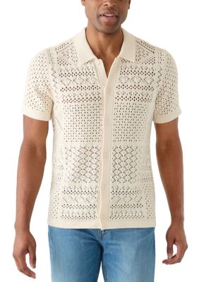 Lucky Brand Men's Crochet Button Front Sweater Knit Top