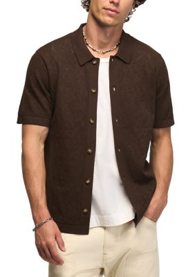 Lucky Brand Men's Short Sleeve Intarsia Lace Button Down Sweater, XL