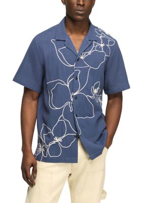 Lucky Brand Men's Short Sleeve Floral Embroidery Camp Collar Shirt