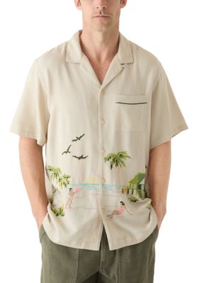 Lucky Brand Men's Cross Stitch Beach Scene Camp Shirt