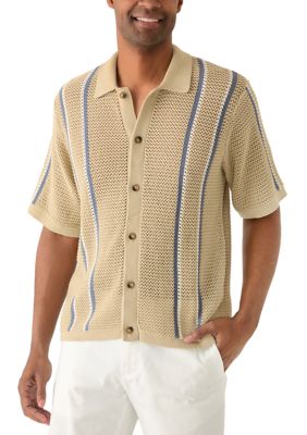 Lucky Brand Men's Short Sleeve Striped Button Front Sweater Knit Shirt