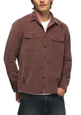 Lucky Brand Men's Long Sleeve Emrboidered Solid Corduroy Workshirt, Small