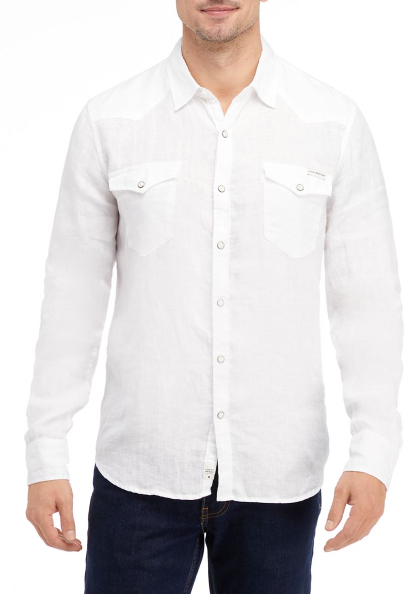 Mens Linen Collared Button-Front Shirt 