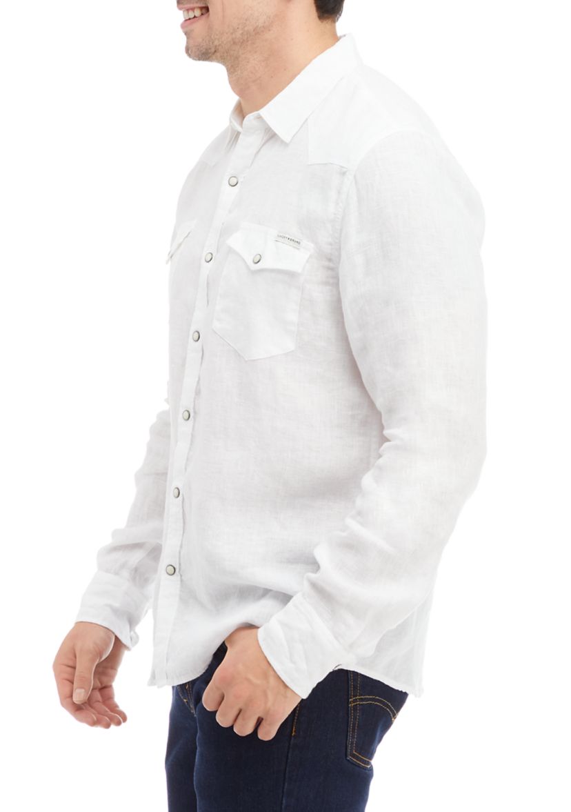 Mens Linen Collared Button-Front Shirt 