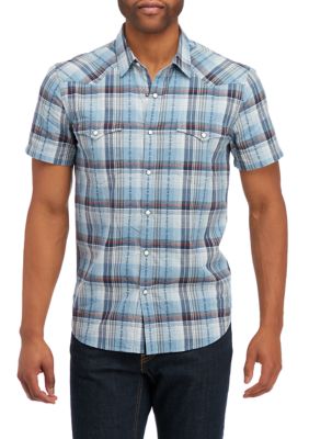 Lucky Brand Men's Plaid Dobby Short Sleeve Western Shirt