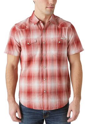 Lucky Brand Men's Plaid Dobby Short Sleeve Western Shirt, Red, Medium
