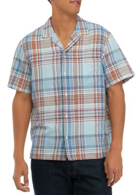 Lucky Brand Men's Linen Plaid Short Sleeve Workwear Shirt, Blue, Small